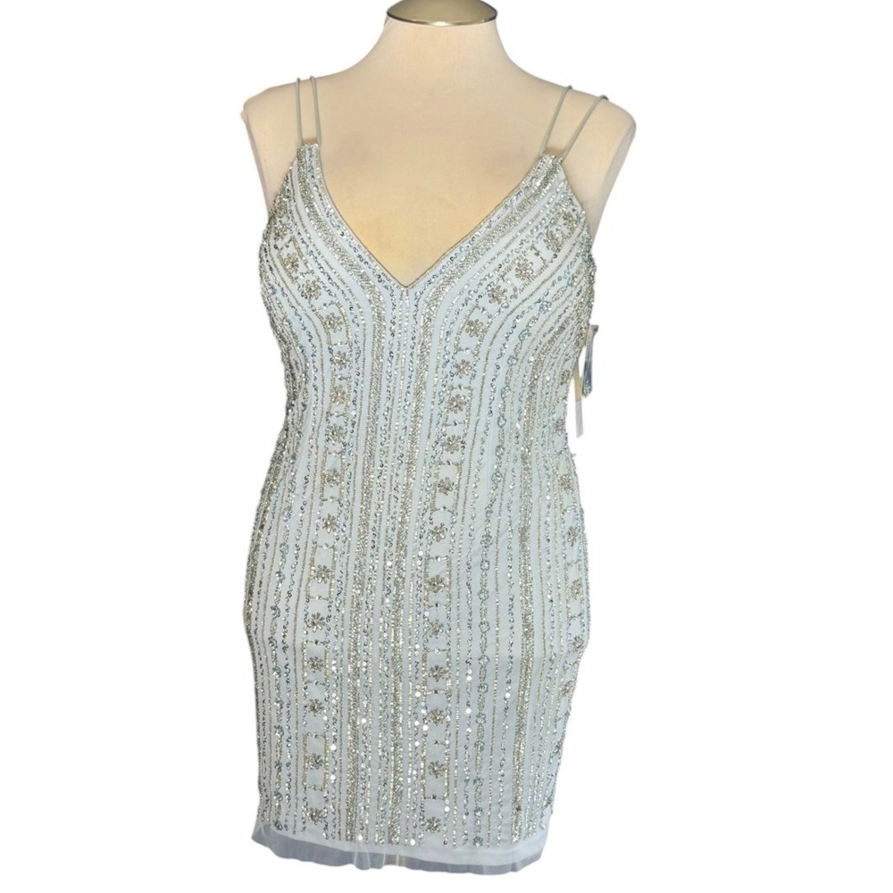 Aidan Mattox Cloud Blue Beaded Sequin Spaghetti Strap Cocktail Dress 12 NEW